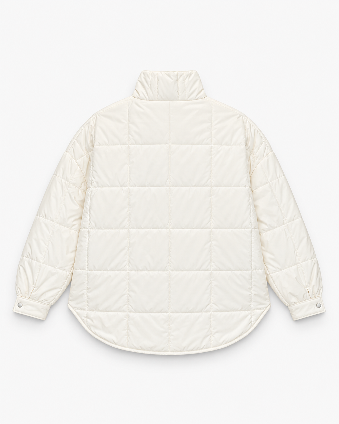 Back view of the white quilted puffer pullover jacket showing its gathered snap-button cuffs.
