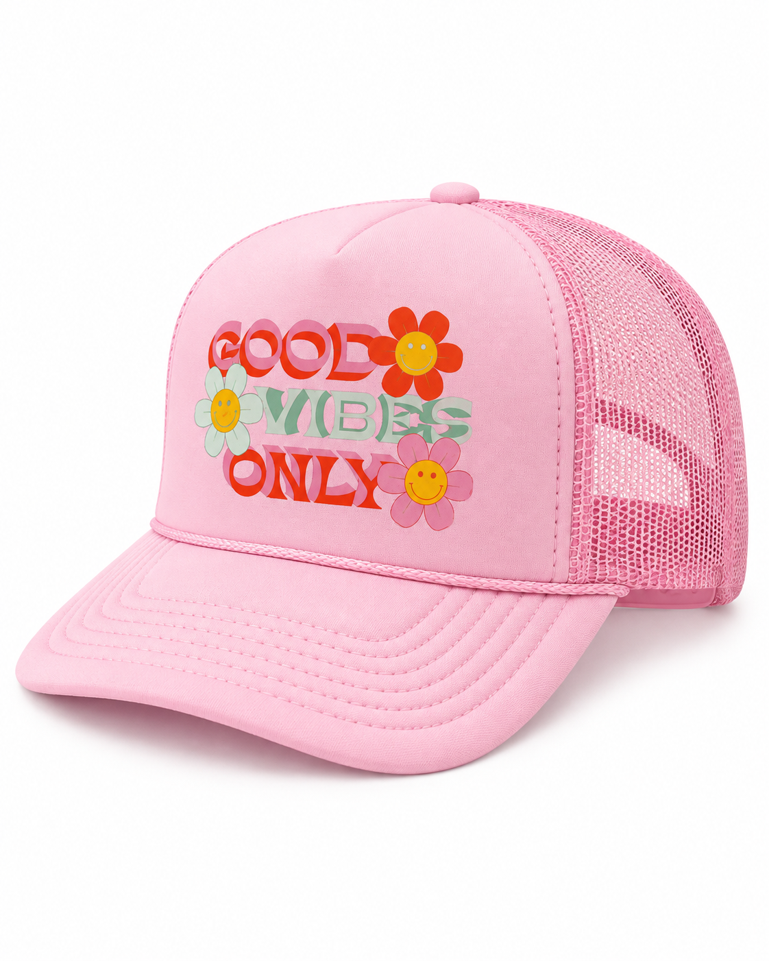 Good Vibes Only Trucker Hat three-quarter angle view showing pink structured front, pink mesh back, and retro Good Vibes Only lettering with smiley face daisy flowers on white background
