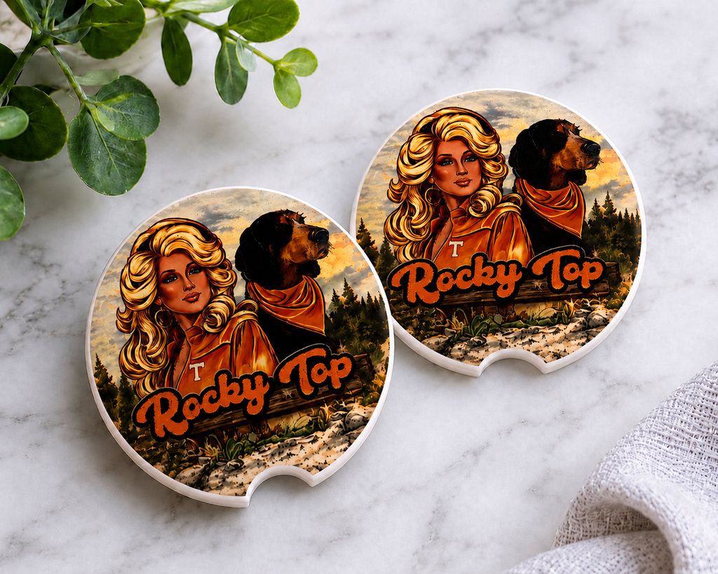 Rocky Top Dolly and Smokey Car Coaster Set — ceramic coasters with Tennessee icons design, set of 2