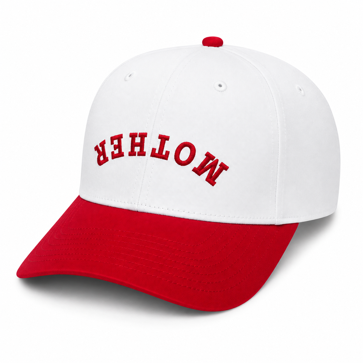 Three-quarter view of Flip It Mother Baseball Cap showing white structured crown, red brim, and bold red flipped collegiate "MOTHER" embroidery, on a white background.
