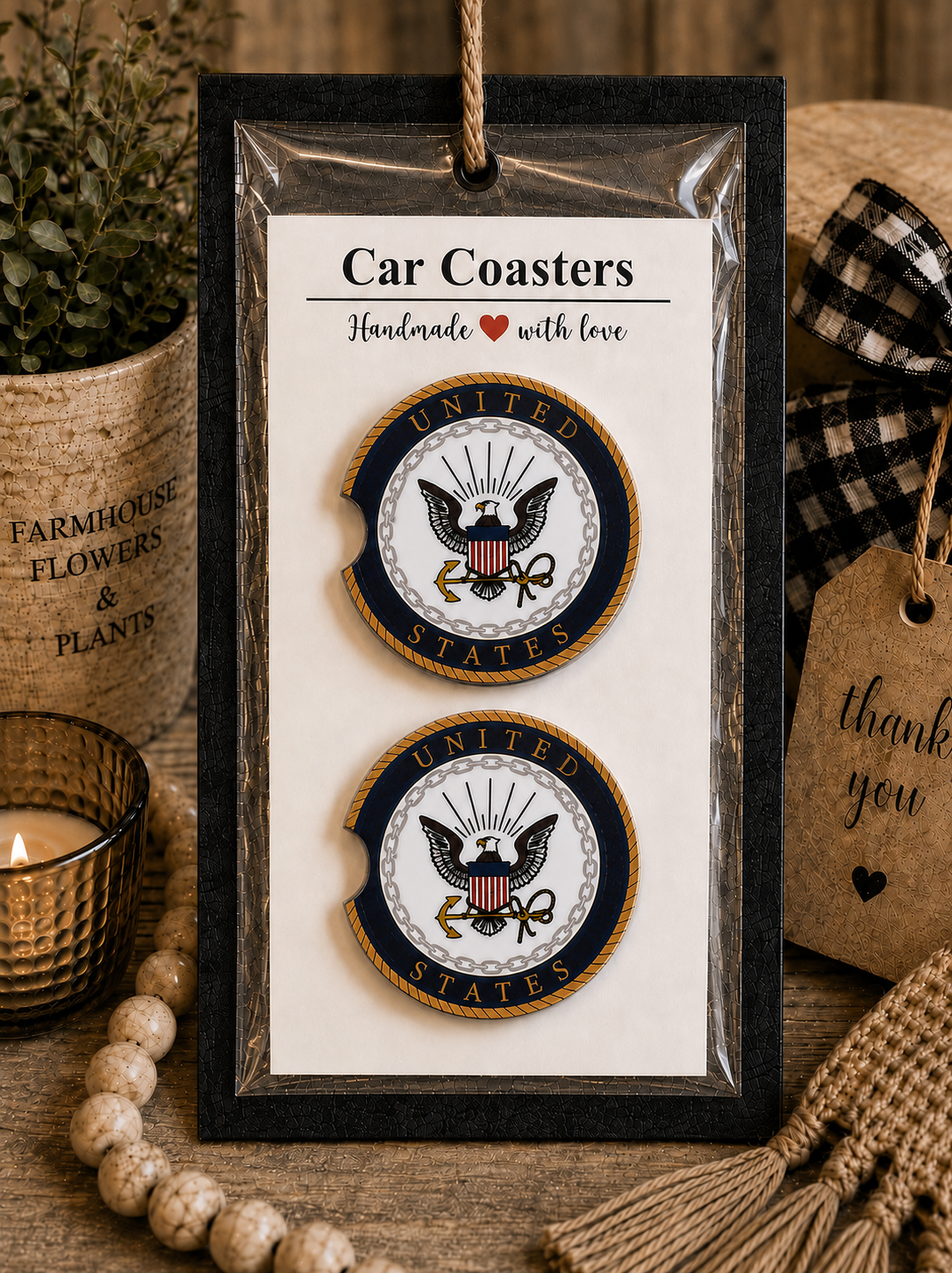 United States Navy Car Coaster Set in handmade packaging — gift-ready ceramic coasters with official U.S. Navy eagle and anchor seal on navy blue and gold, set of 2
