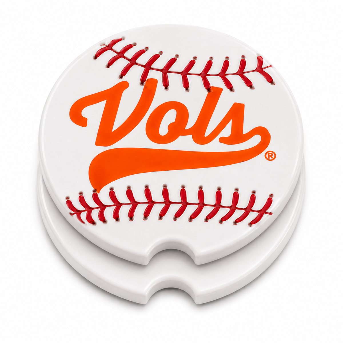 Both Tennessee Vols Baseball car coasters showing front design and cork backing
