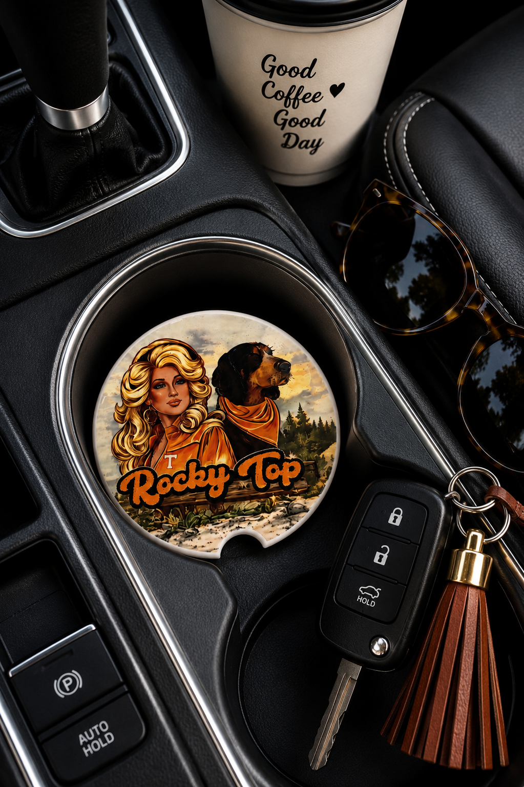 Rocky Top Dolly and Smokey ceramic car coaster in vehicle cup holder
