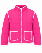 Pink Quilted Contrast Trim Jacket front view showing hot pink grid-quilted body with cream contrast trim along all edges, pink snap-button placket, stand-up collar with cream trim, and two cream-trimmed front patch pockets on white background
