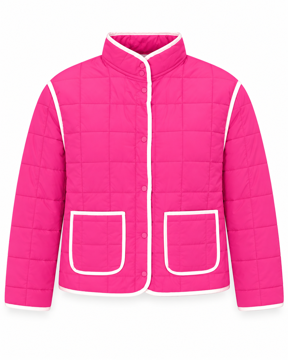 Pink Quilted Contrast Trim Jacket front view showing hot pink grid-quilted body with cream contrast trim along all edges, pink snap-button placket, stand-up collar with cream trim, and two cream-trimmed front patch pockets on white background
