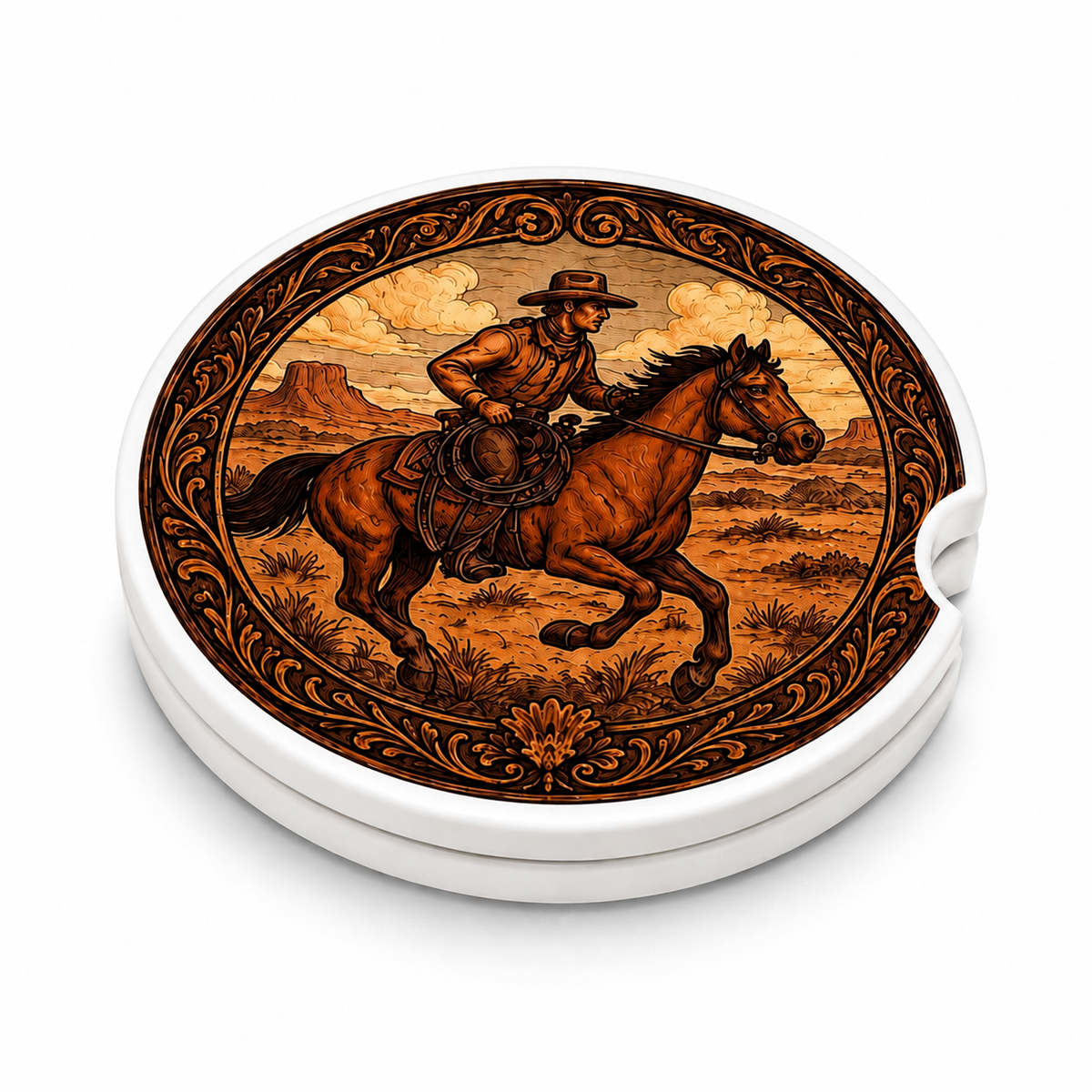 Cowboy Riding Horse ceramic car coasters stacked showing thickness and finger notch cutout, tooled leather-style western design, set of 2
