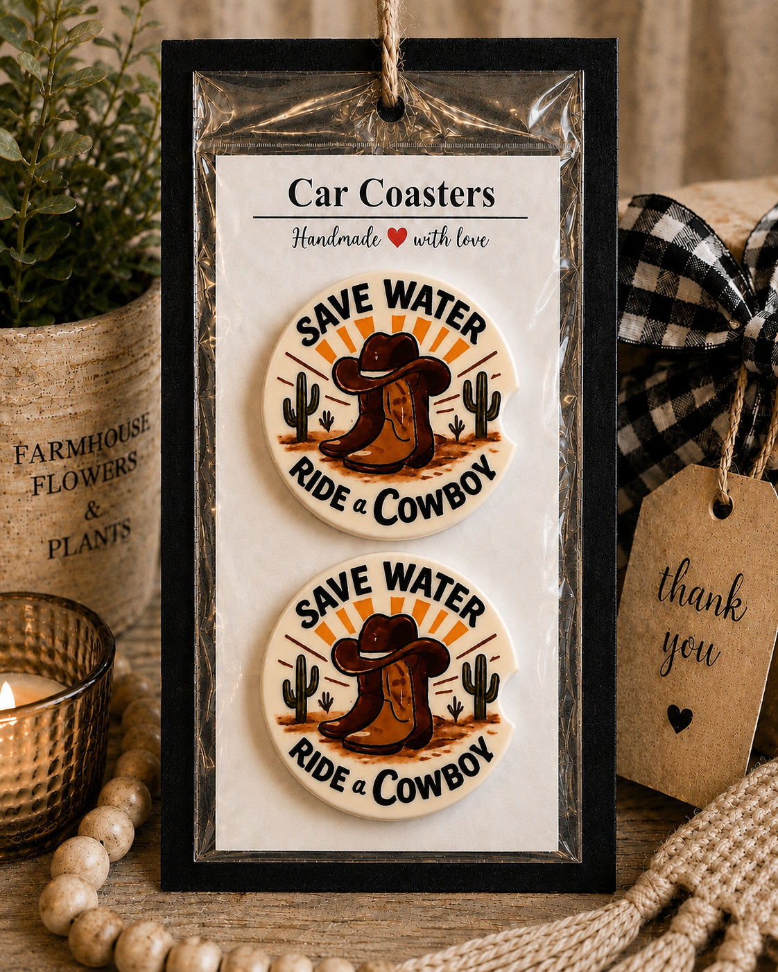 Save Water Ride a Cowboy Car Coaster Set in handmade packaging — gift-ready ceramic coasters with cowboy boots, hat, and cactus desert design, set of 2
