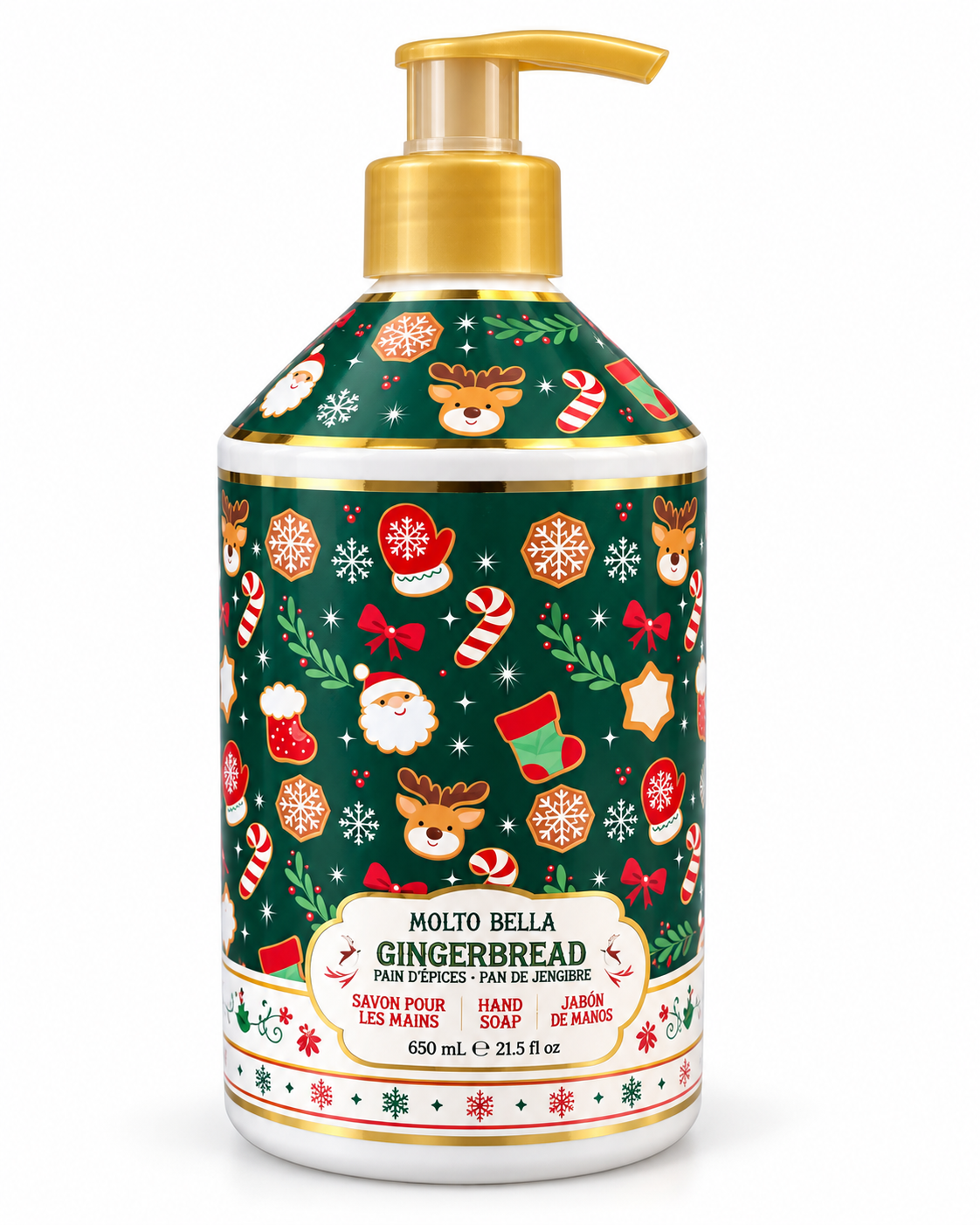 Front view of Gingerbread holiday hand soap showing the dark green Christmas design, gold-colored pump, and 21.5 fl oz label
