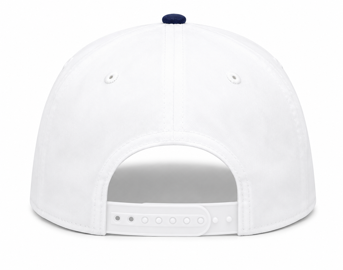 Back view of Red White & Blue Hearts Baseball Cap showing white solid back panels and adjustable snapback closure with navy button, on a white background.

