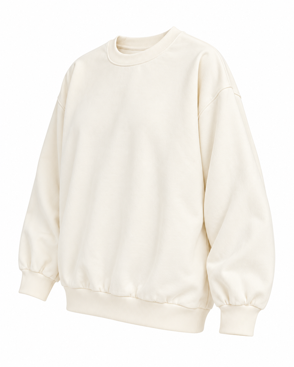 Angled front view of the plain cream sweatshirt showing its crew neckline, long sleeves, and ribbed trim
