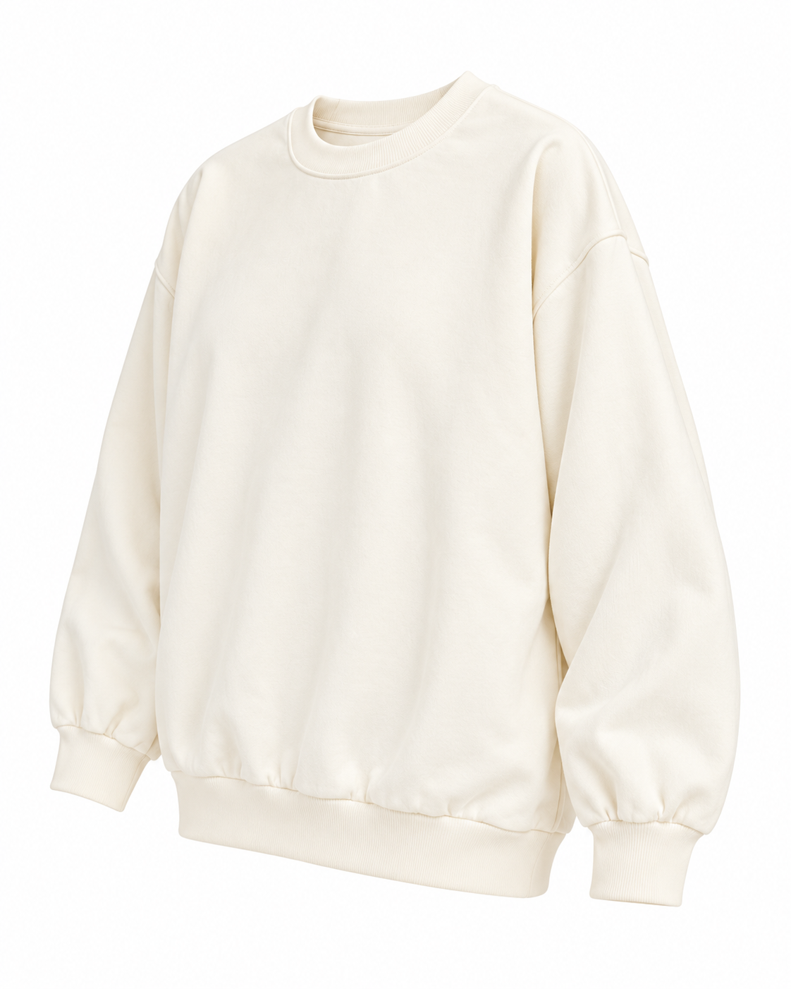 Angled front view of the plain cream sweatshirt showing its crew neckline, long sleeves, and ribbed trim
