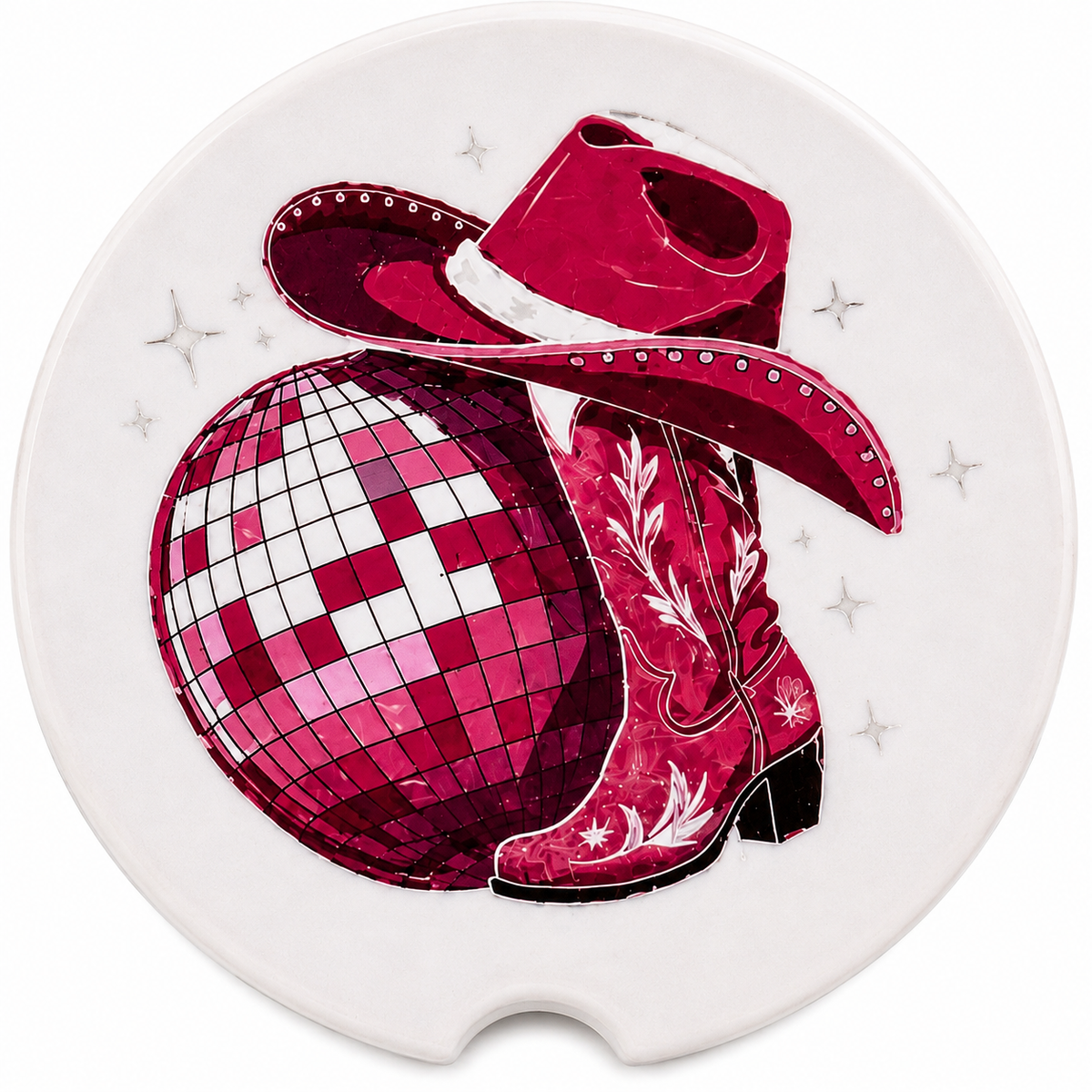 Close-up of Disco Cowgirl Car Coaster showing pink disco ball, cowboy hat, and embroidered boots design with sparkle accents, on a white background.

