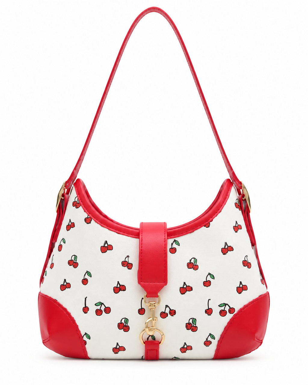 Cherry Pattern Hamptons Hobo Bag front view showing cream canvas body with allover red cherry print, red faux leather curved top trim and corner accents, center red strap tab with gold horsebit snaffle clasp, and single red faux leather shoulder strap with gold D-ring attachments on white background
