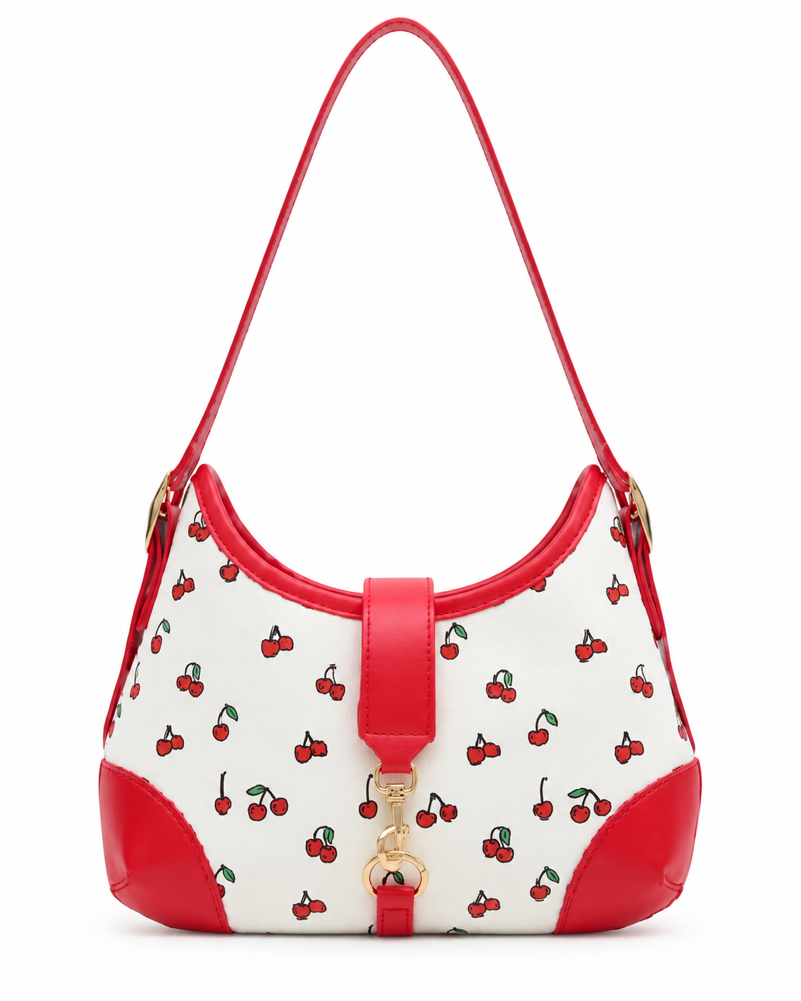 Cherry Pattern Hamptons Hobo Bag front view showing cream canvas body with allover red cherry print, red faux leather curved top trim and corner accents, center red strap tab with gold horsebit snaffle clasp, and single red faux leather shoulder strap with gold D-ring attachments on white background
