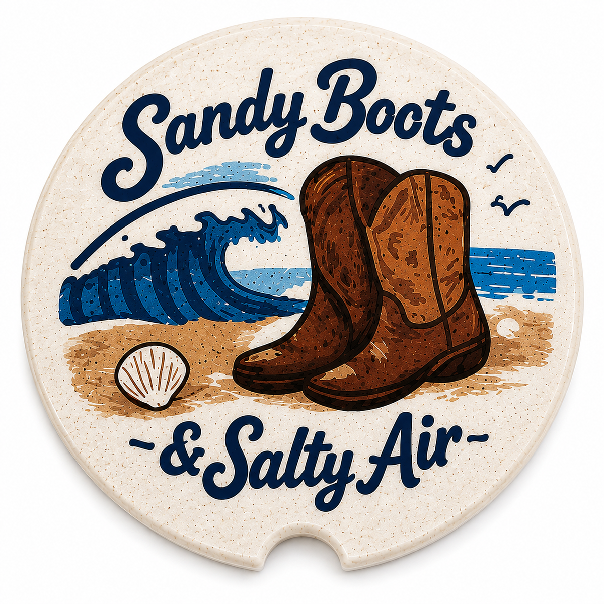 Close-up of Sandy Boots & Salty Air coastal design on ceramic car coaster
