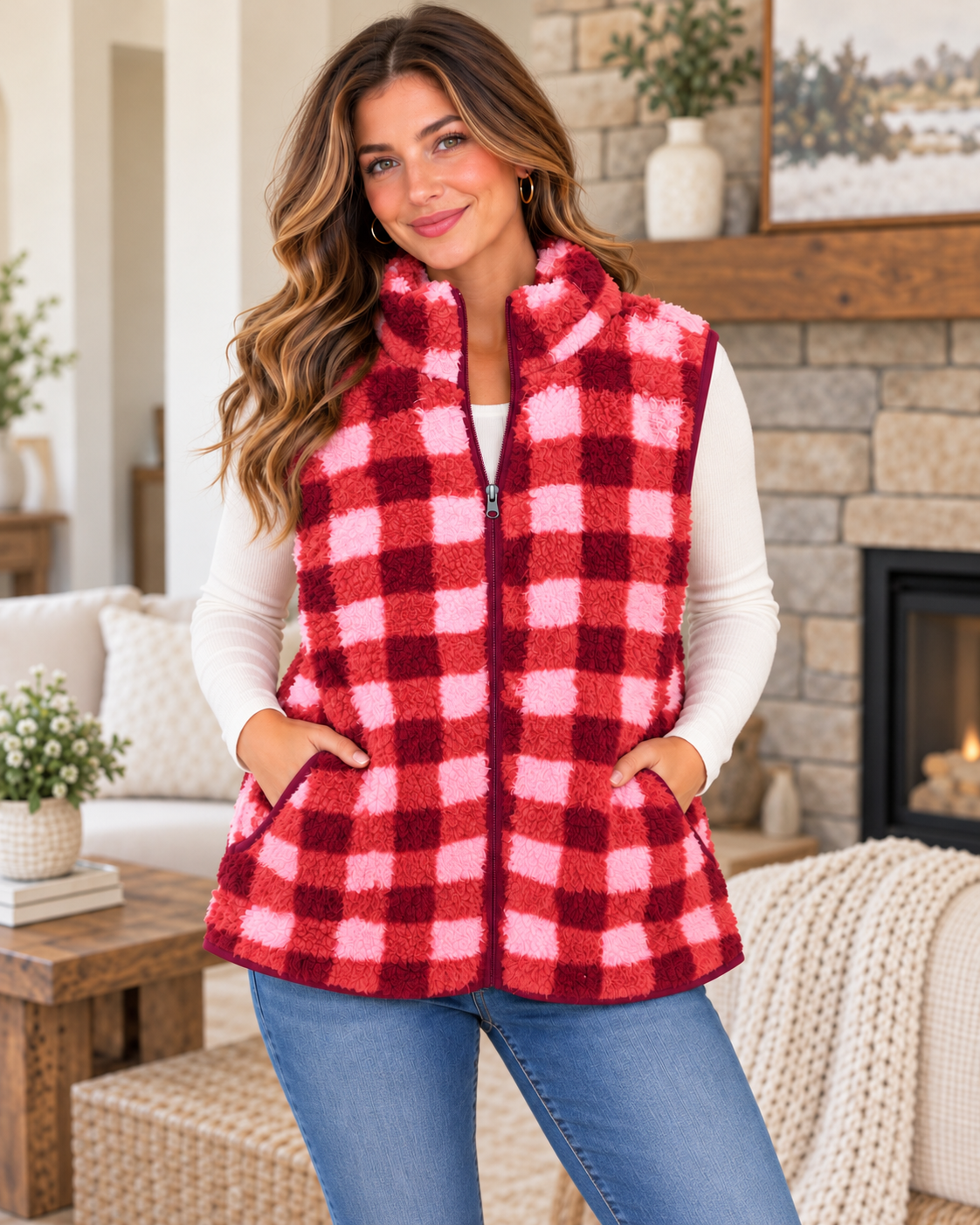 Model wearing the pink, coral, and burgundy plaid sherpa vest over a white long-sleeve top with jeans
