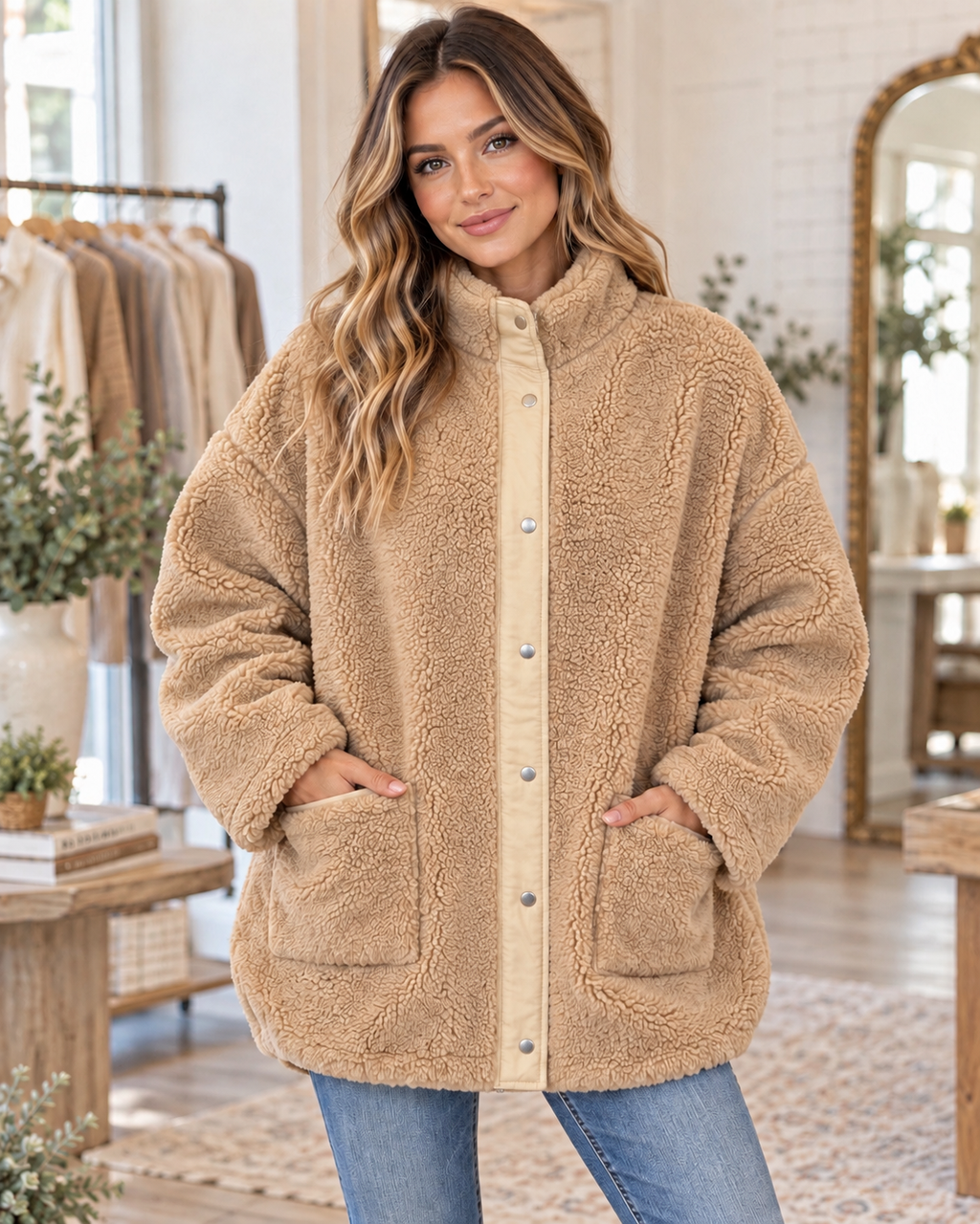 Model wearing the camel sherpa teddy jacket with a stand-up collar, snap-front placket, and large front pockets with jeans
