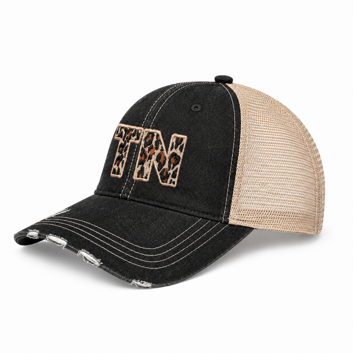 Side view of TN Leopard Print trucker hat in distressed black with tan mesh back and bold leopard print TN embroidery, shown on a white background.
