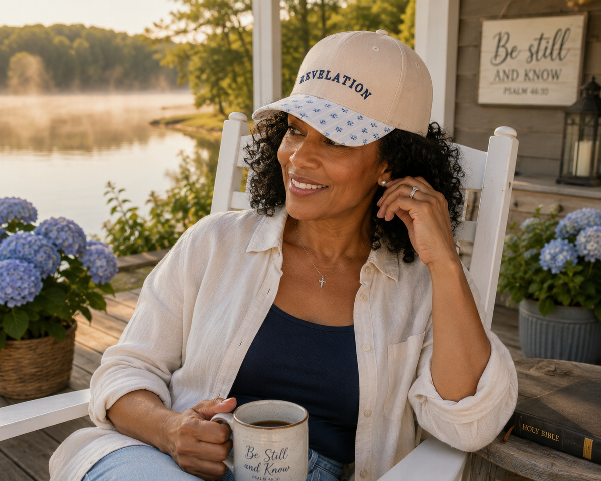 A smiling woman sits in a white rocking chair on a porch by a lake, wearing a beige baseball cap with 'REVELATION' and a blue floral brim, holding a mug that reads 'Be Still and Know'.