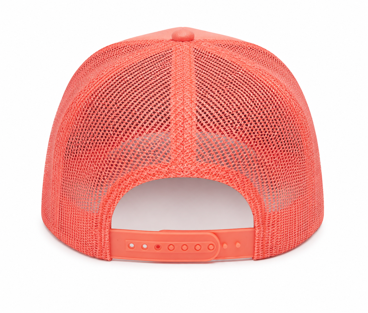 Back view of Wake & Lake Trucker Hat showing coral breathable mesh back and adjustable snapback closure, on a white background.
