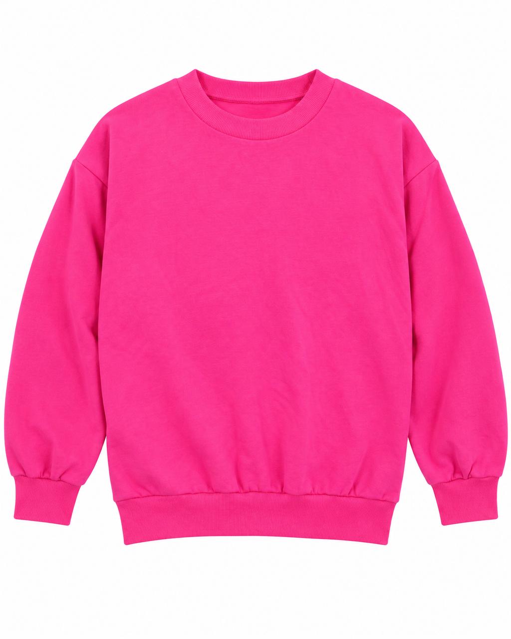 Front view of the plain hot pink crewneck sweatshirt with long sleeves and ribbed neckline, cuffs, and hem
