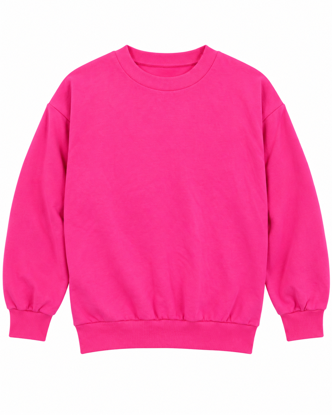 Front view of the plain hot pink crewneck sweatshirt with long sleeves and ribbed neckline, cuffs, and hem
