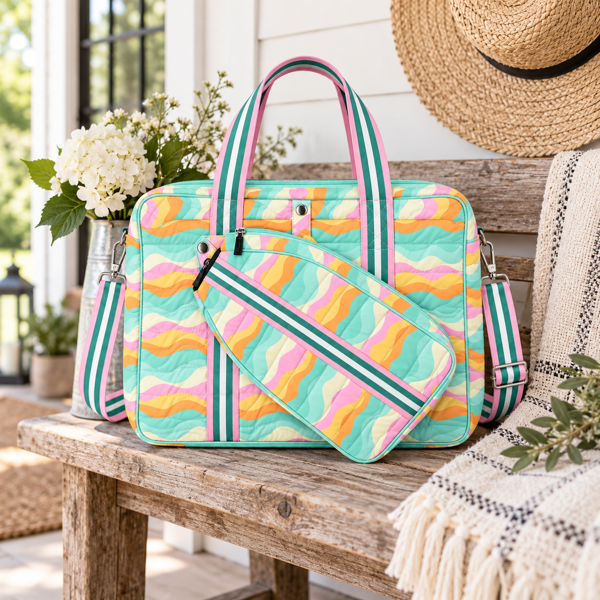 Pastel Wave Pickleball Bag and removable quilted paddle holder on rustic wood bench showing quilted pastel wave print in mint, pink, orange, and yellow with teal and white stripe carry handles and adjustable teal stripe crossbody strap beside galvanized lantern, white hydrangeas in galvanized vase, woven straw hat, and cream fringe throw on white shiplap farmhouse porch
