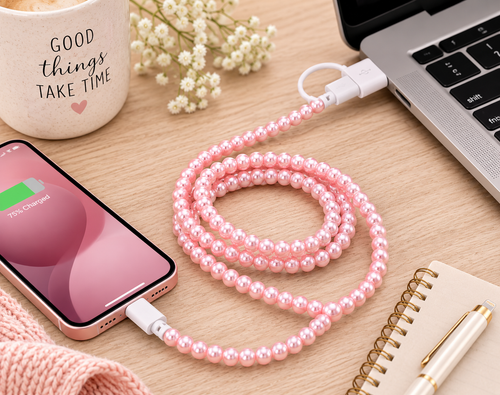Pearl pink beaded multi charging cable connected to a phone and laptop on a desk