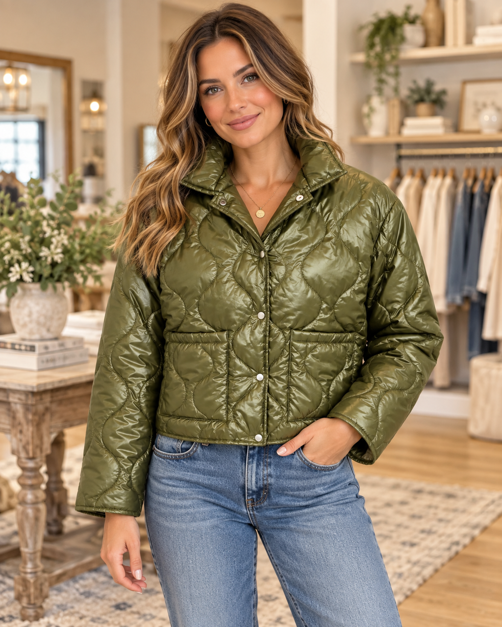 Model wearing the olive cropped quilted snap-front jacket with a stand collar and front patch pockets with high-rise jeans
