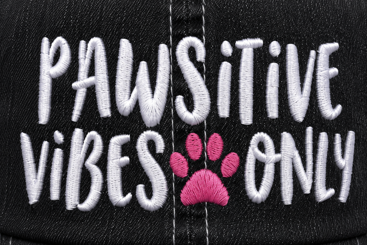 Close-up of embroidered "Pawsitive Vibes Only" lettering with pink paw print accent on a distressed black trucker hat front panel.
