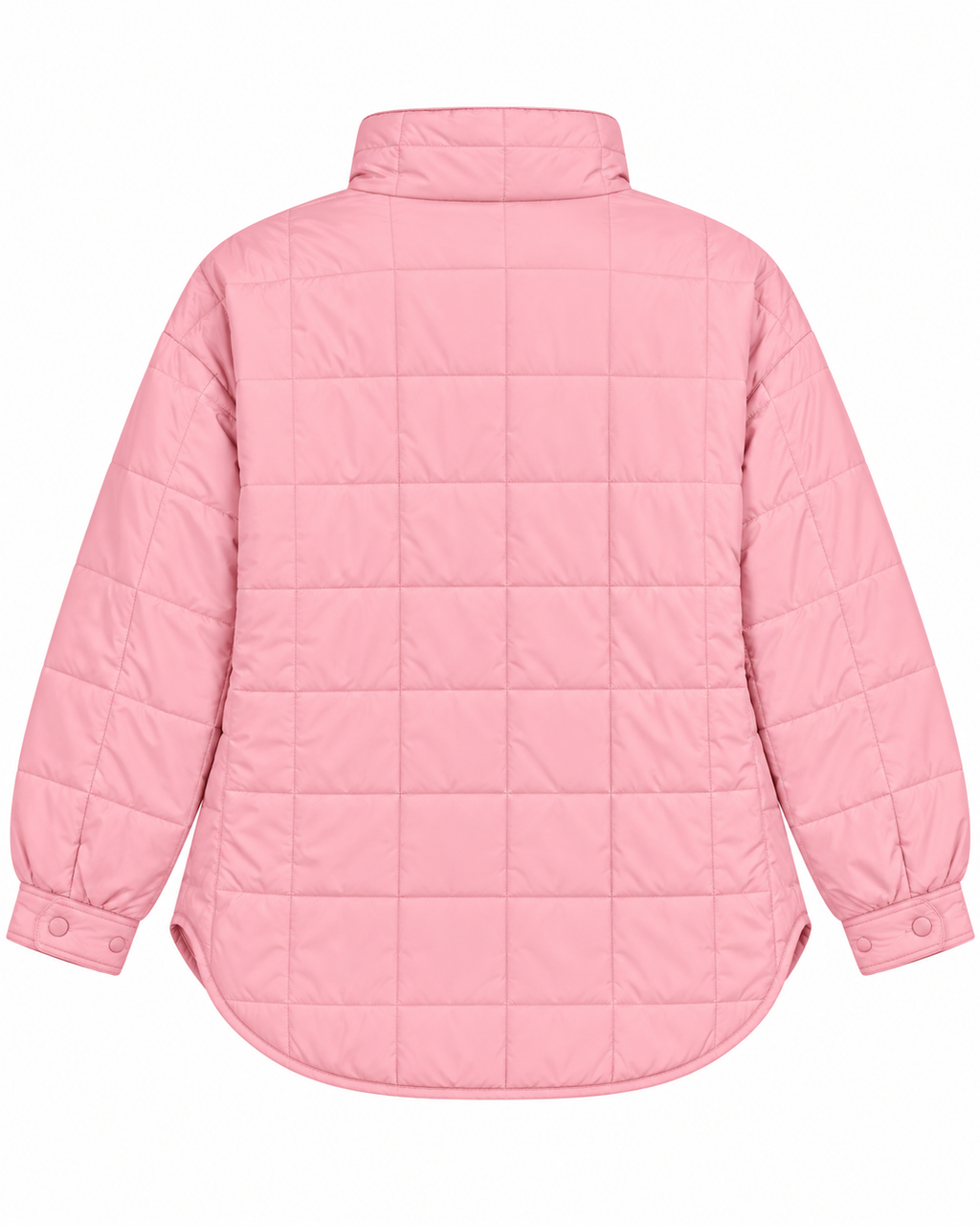 Back view of Pink Quilted Puffer Pullover Jacket showing clean bubblegum pink large-grid quilted puffer back panel, tall stand-up collar, oversized drop-shoulder silhouette, curved high-low hem, and pink snap-button cuffs on white background
