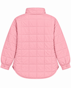 Back view of Pink Quilted Puffer Pullover Jacket showing clean bubblegum pink large-grid quilted puffer back panel, tall stand-up collar, oversized drop-shoulder silhouette, curved high-low hem, and pink snap-button cuffs on white background
