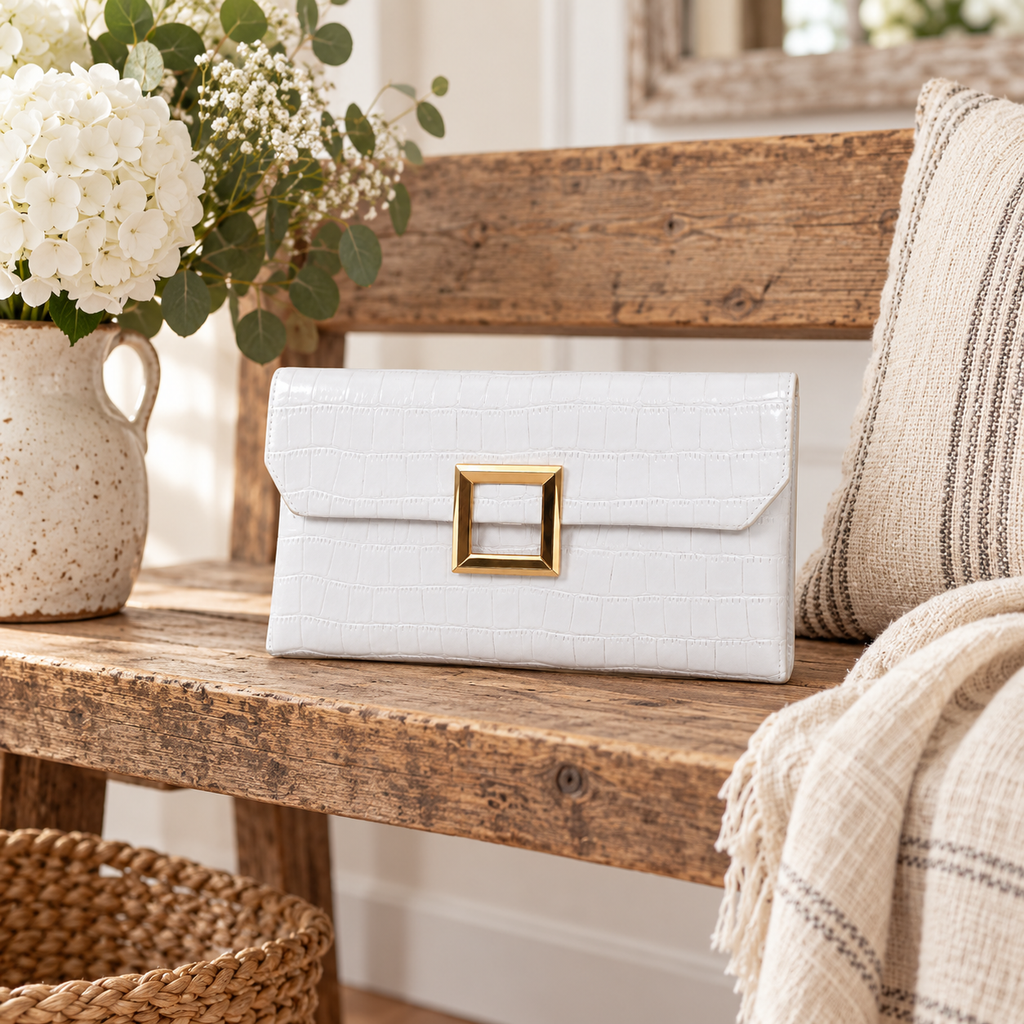 White Croc Envelope Clutch on rustic reclaimed wood bench showing white croc-embossed vegan leather and open gold square hardware beside white hydrangeas and baby's breath in cream speckled ceramic pitcher, cream and grey stripe linen throw, and wicker basket with gilt mirror in background
