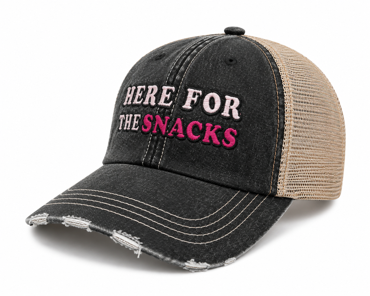 Distressed black Here for the Snacks trucker hat with tan mesh back, angled side view
