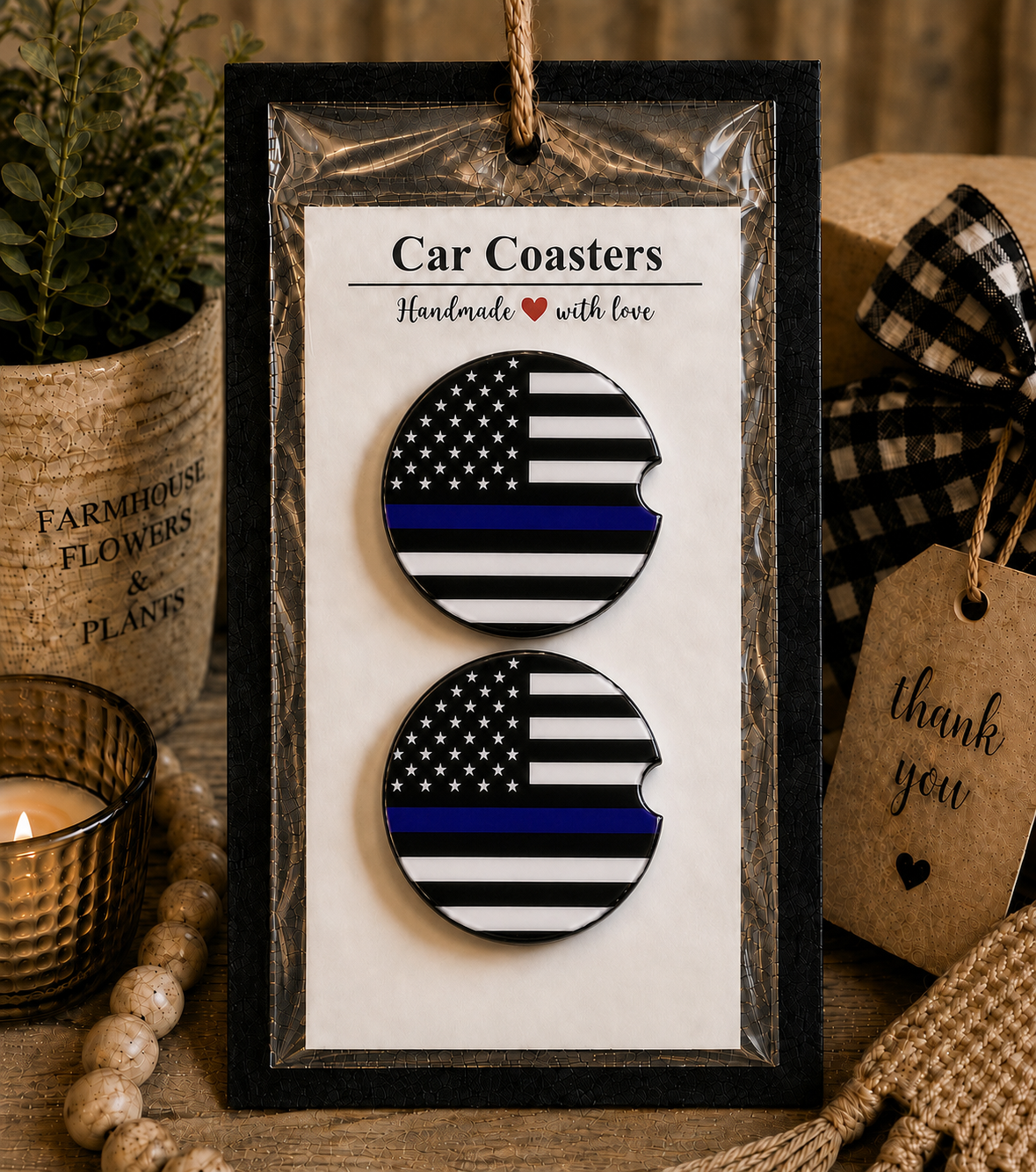 Thin Blue Line Car Coaster Set in handmade packaging — gift-ready ceramic coasters with black and white American flag and thin blue line design, set of 2
