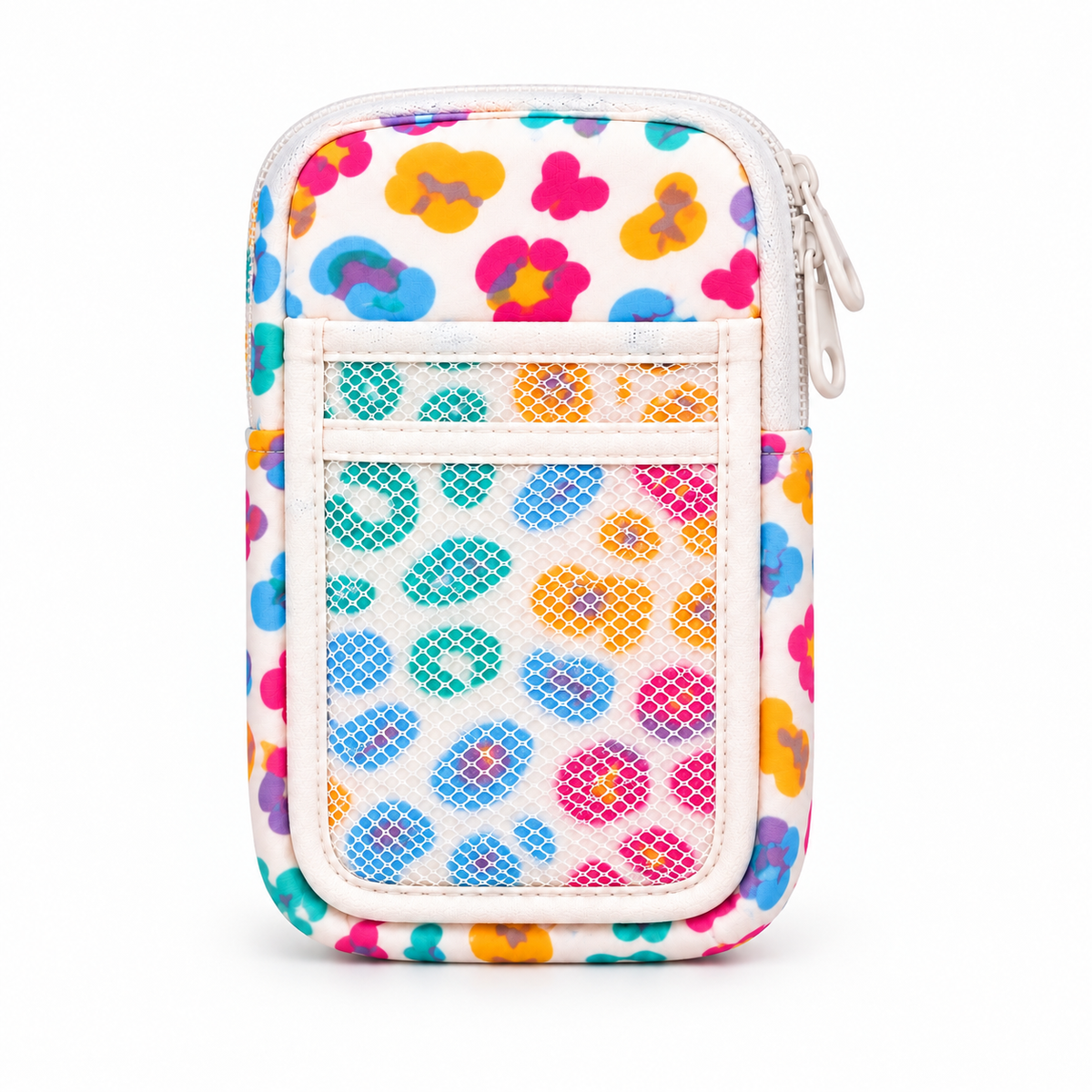Multicolor Floral Tumbler Pouch front view with white all-over multicolor retro floral print in pink, teal, blue, orange, and purple, white side zipper with circle pull, front slip pocket above white mesh pocket on white background
