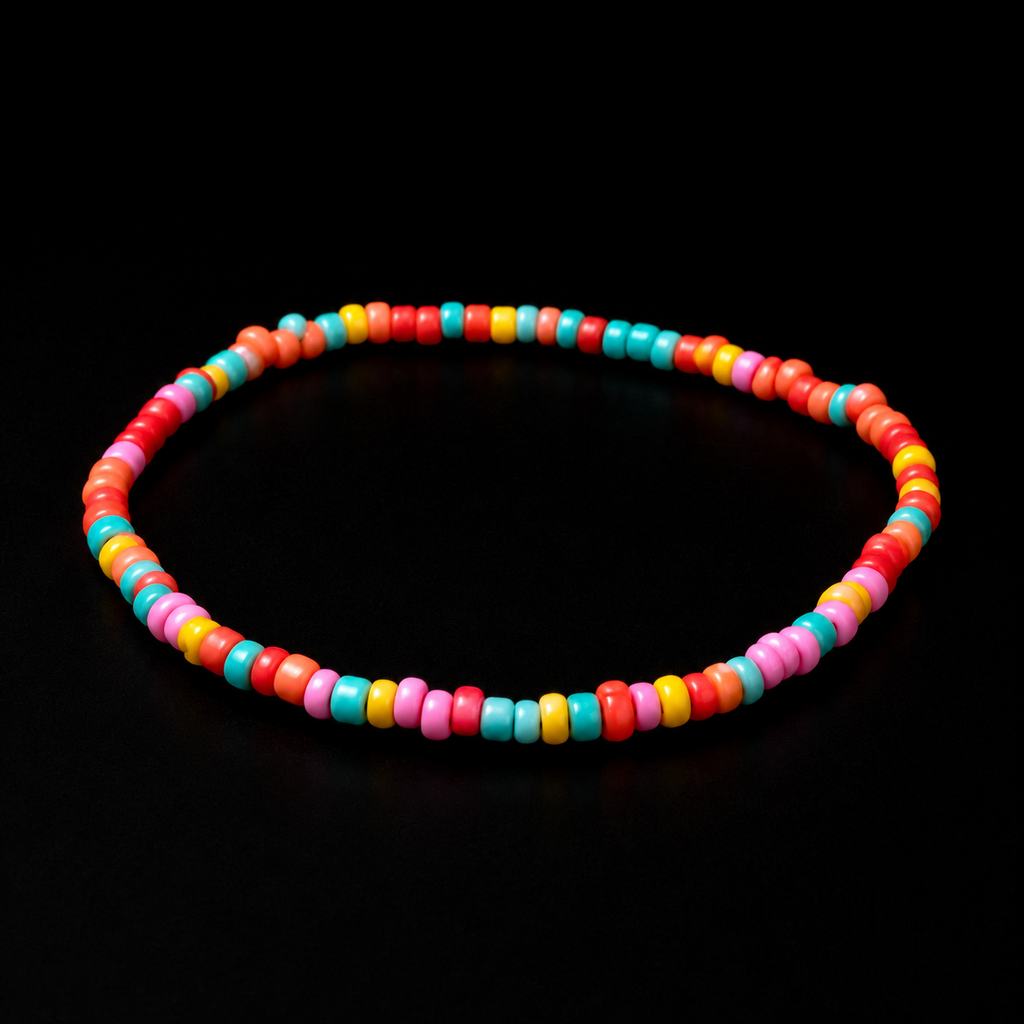 Colorful multicolor seed bead stretch bracelet shown at an angle on black reflective surface
