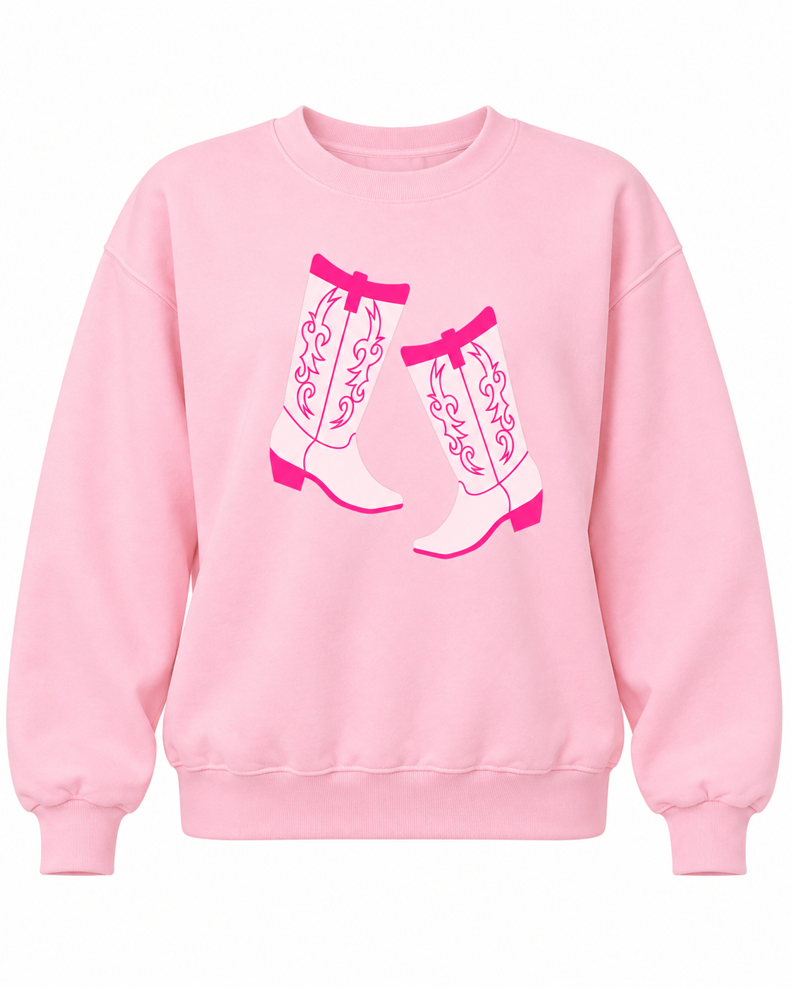 Front view of the pink sweatshirt featuring two white cowboy boots with hot pink outlines and Western detailing
