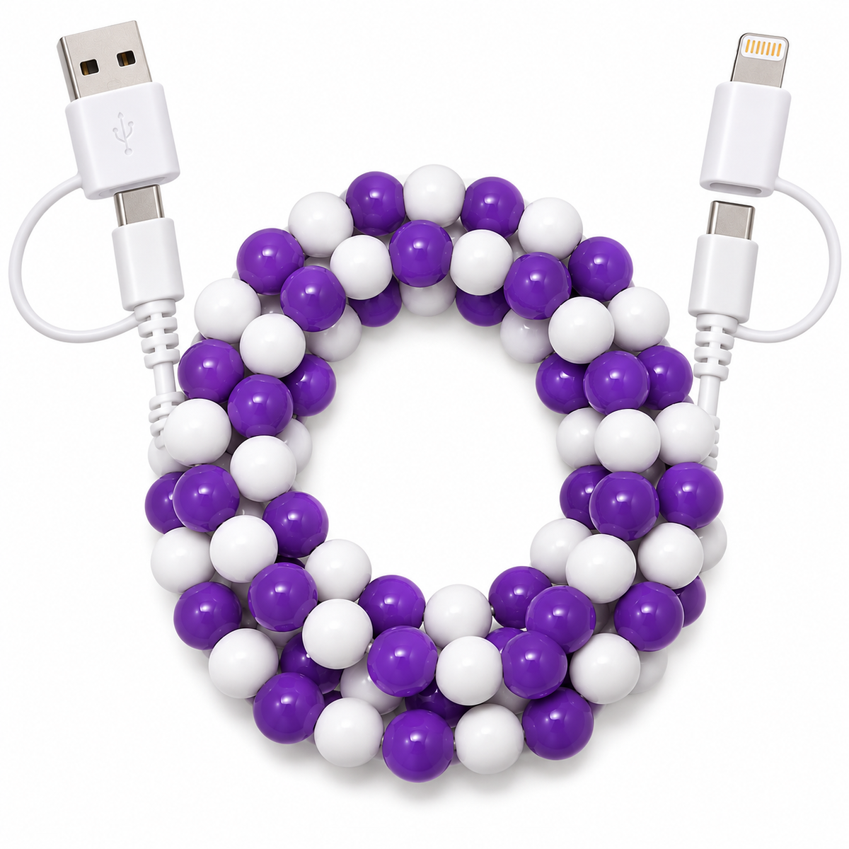 Purple and white beaded multi charging cable with USB and phone charging connectors