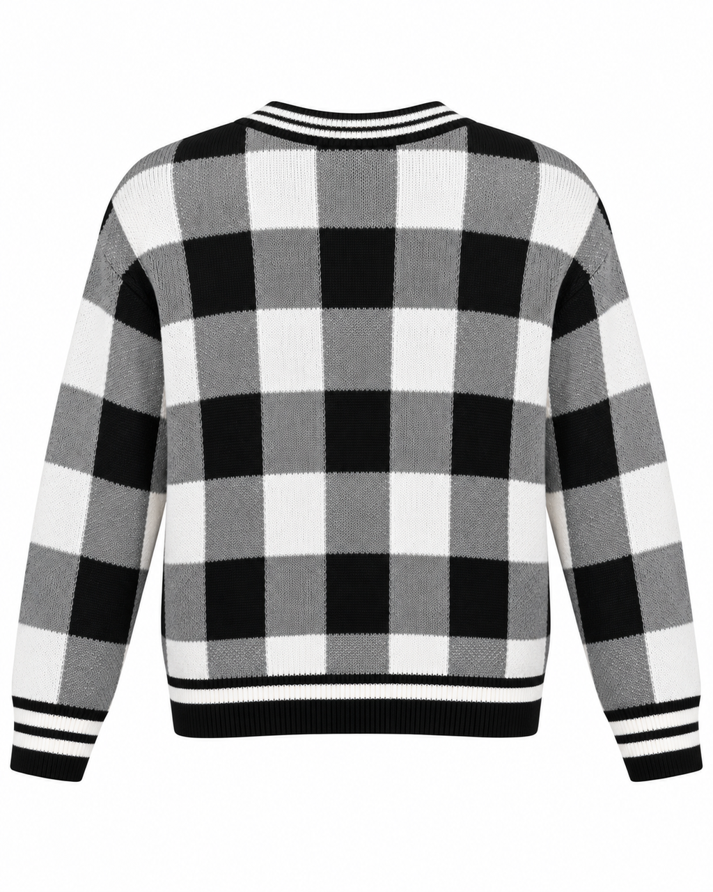 Back view of Black and White Plaid Gold Button Knit Cardigan showing black, white, and gray plaid knit back panel with black and white striped ribbed hem and ribbed cuffs on white background

