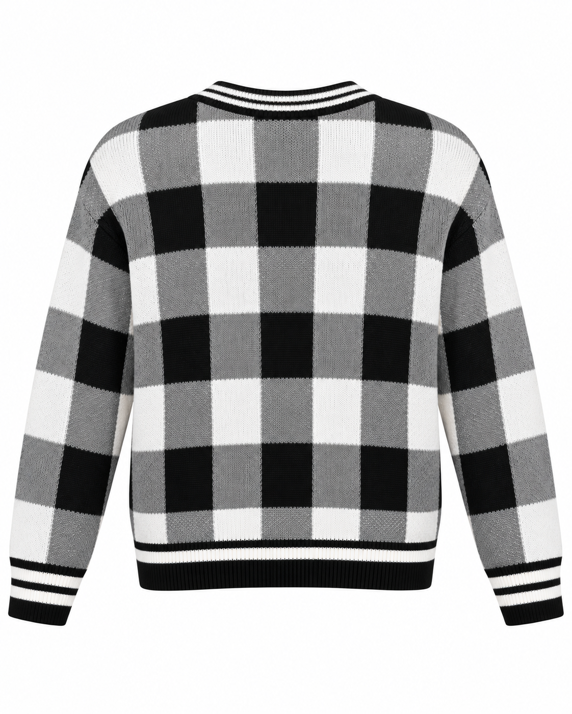 Back view of Black and White Plaid Gold Button Knit Cardigan showing black, white, and gray plaid knit back panel with black and white striped ribbed hem and ribbed cuffs on white background
