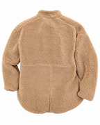 Back view of the camel sherpa teddy jacket showing its stand-up collar, long sleeves, and longer curved back hem
