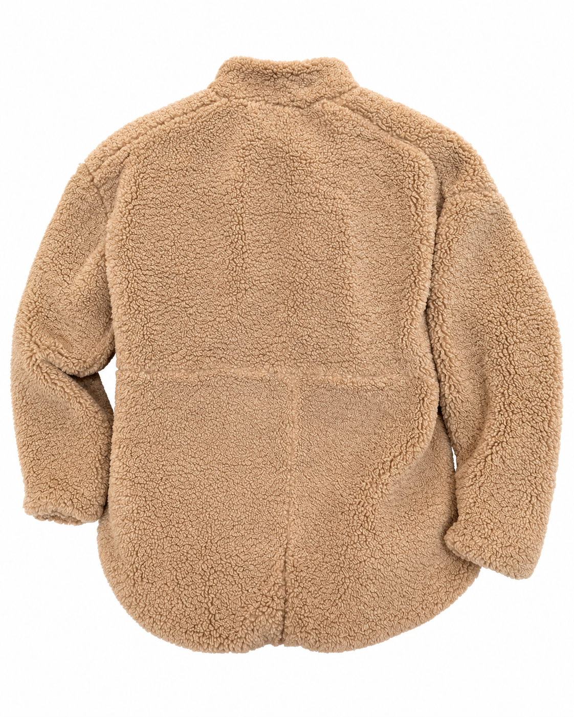 Back view of the camel sherpa teddy jacket showing its stand-up collar, long sleeves, and longer curved back hem
