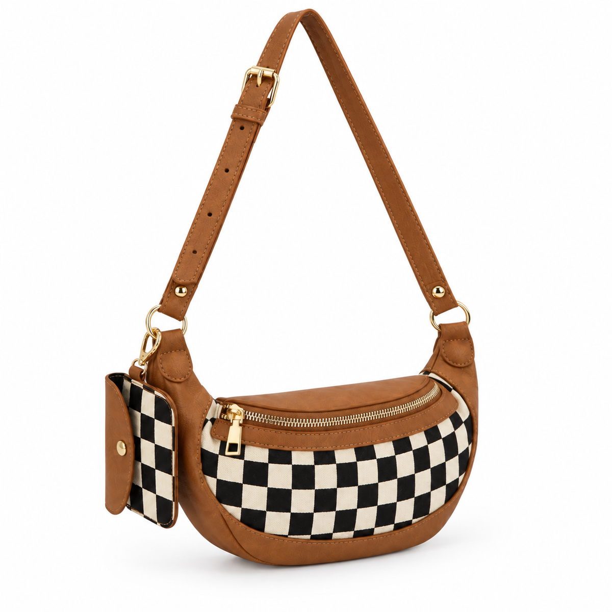 Duo Checkered Crossbody Bag in Camel three-quarter angle view showing curved crescent silhouette with black and cream checkered body, camel tan vegan leather trim, gold D-ring hardware on side, coordinating checkered mini wallet clipped to left strap, and adjustable camel strap with gold buckle on white background
