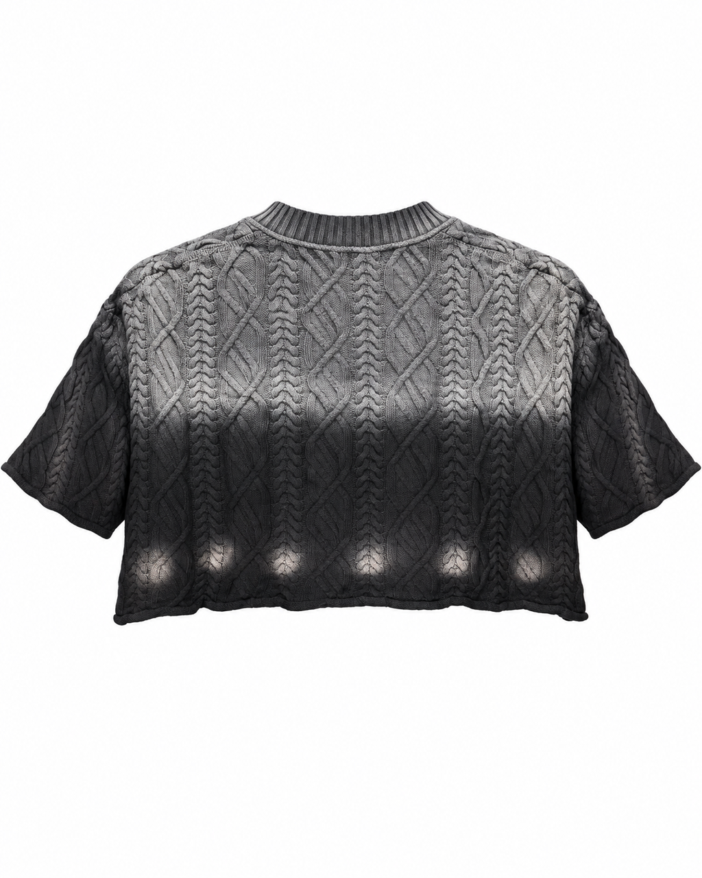 Back view flat lay of black ombre cable knit cropped sweater showing short sleeves and distressed hem on white background
