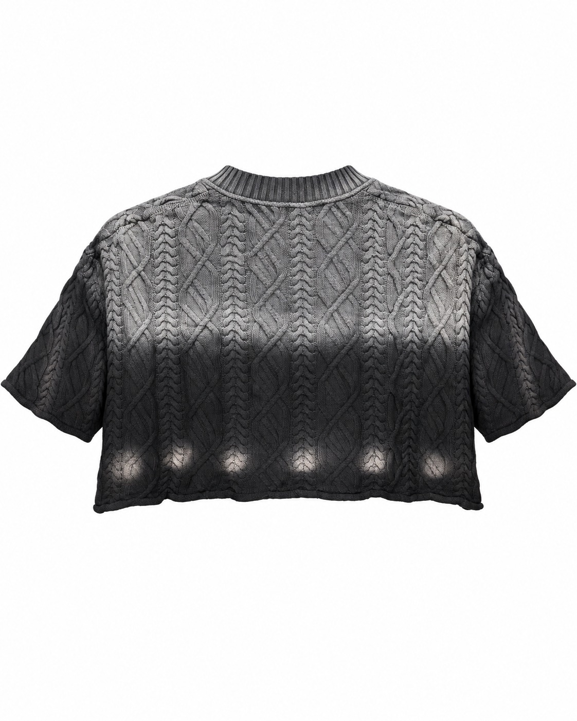 Back view flat lay of black ombre cable knit cropped sweater showing short sleeves and distressed hem on white background
