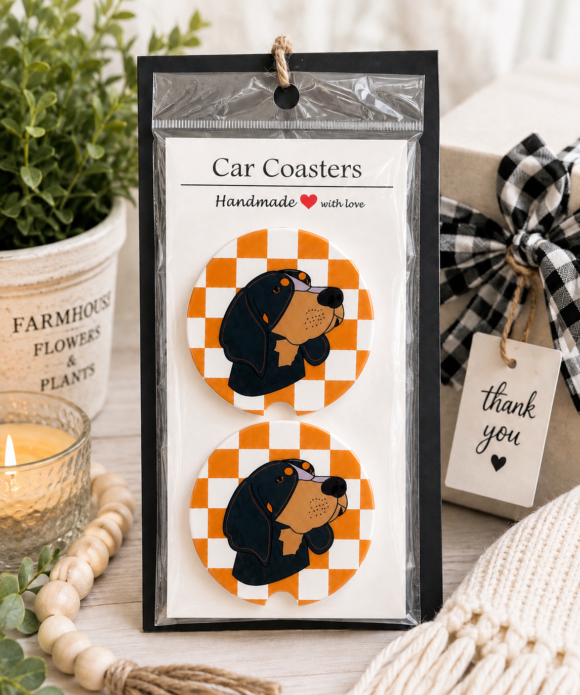 Smokey Checkerboard Car Coaster Set in handmade packaging — gift-ready ceramic coasters with Smokey mascot and orange checkerboard design, set of 2
