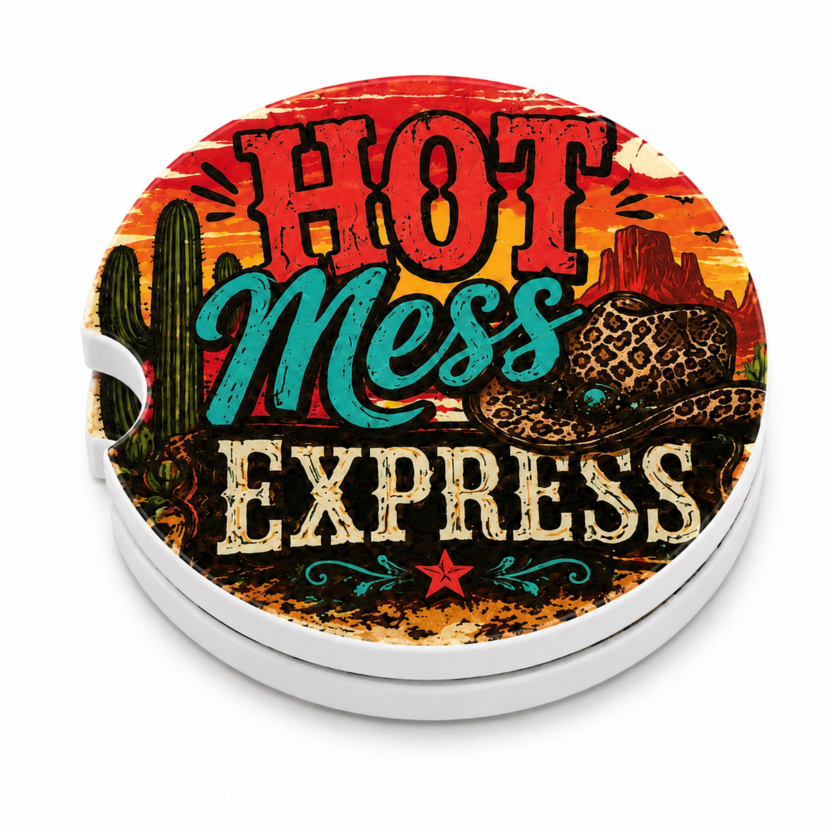 Hot Mess Express ceramic car coaster set stacked, showing retro western desert and leopard print design with chrome edge detail

