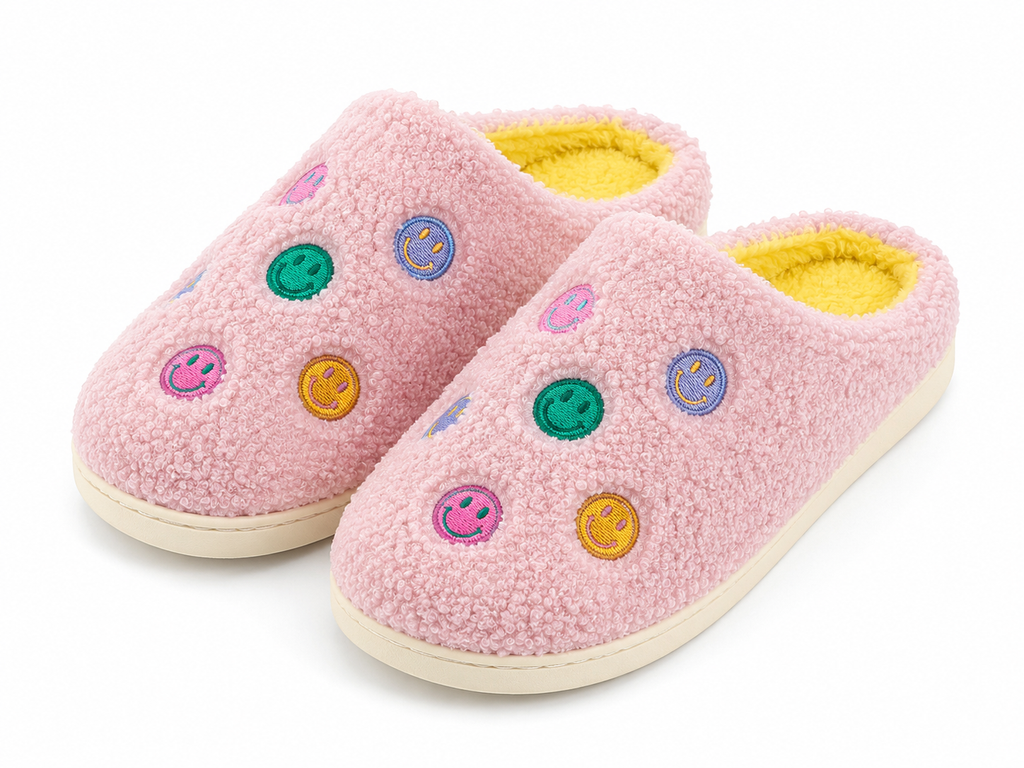 Pair of Pink Smiley Face Fuzzy Slippers at an angle showing multicolor embroidered smiley faces on pink fuzzy exterior and cream rubber sole
