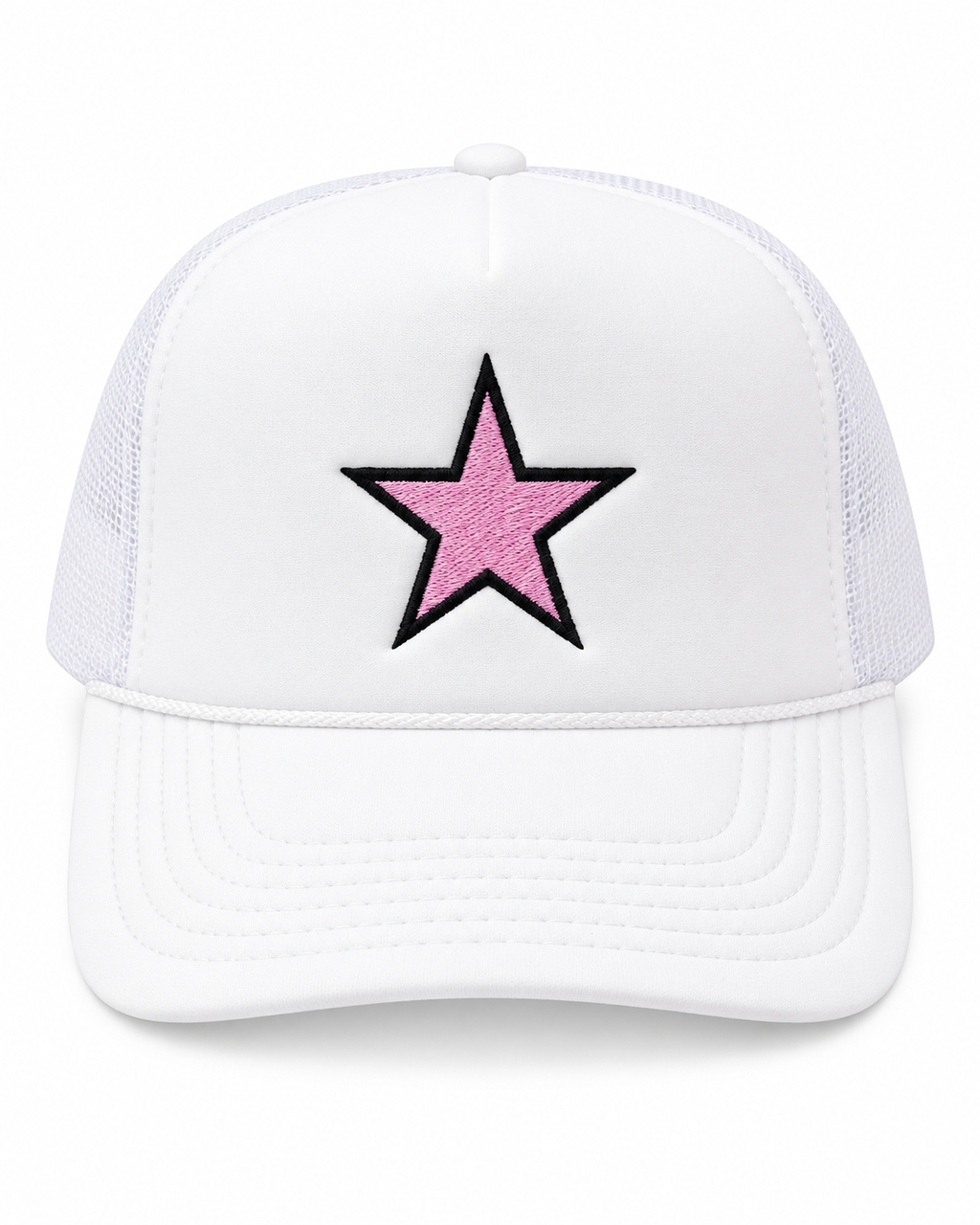 Pink Star Trucker Hat front view with white structured front, white bill and mesh back, and large pink embroidered star with bold black outline on white background
